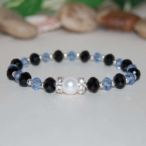 Pearl Bracelet,Blue Bracelet,Black & Blue Glass Beads,Bracelet Support,Awareness - Picture 2 of 3